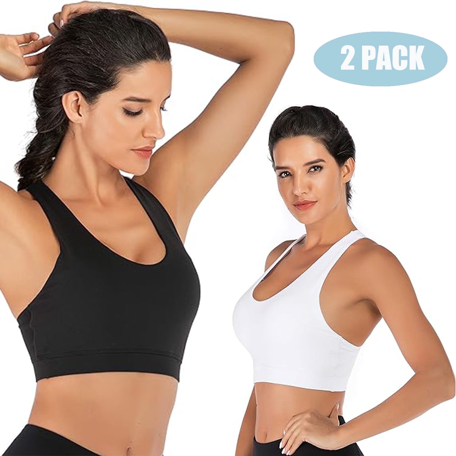 2 Pack Sports Bras for Women, Supportive Workout Bras, Criss-Cross Back Padded Strappy Yoga Bra with Removable Cups